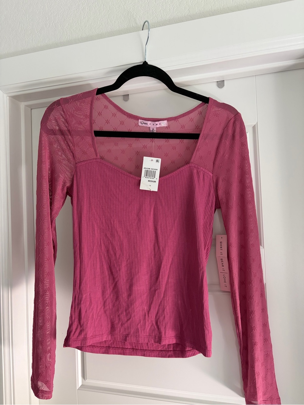 wild fable Rose Pink Ribbed Long-Sleeve Top with Star Mesh Yoke